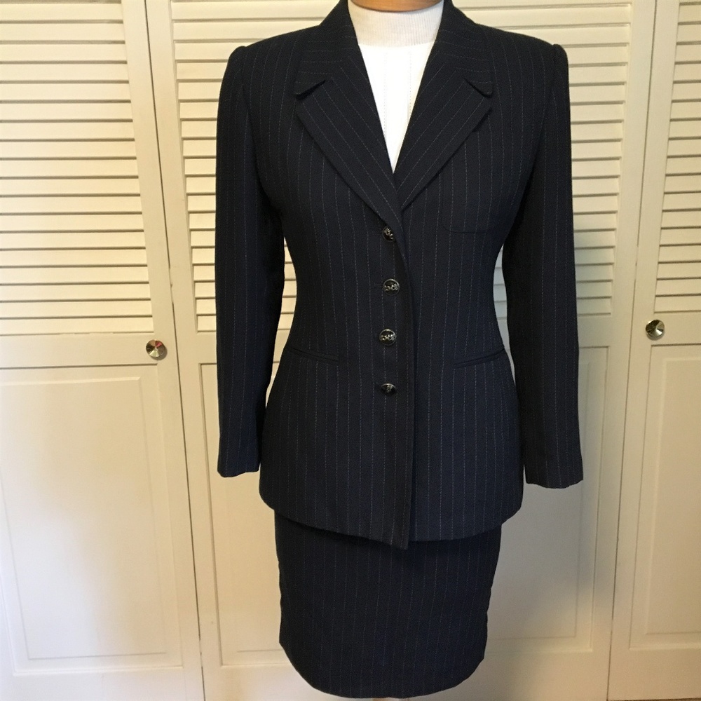 3-pc suit, jacket, pants, skirt - navy pinstripe